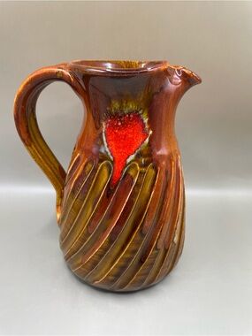 Vintage Dryden Original 1978 Pottery Drip Glaze Brown Red Heart 6.25” Pitcher